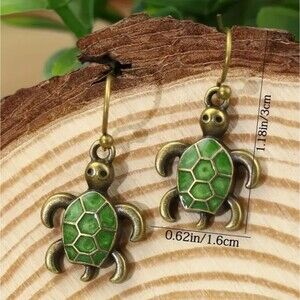 Antique Brass Green Enamel TURTLE Earrings Women Teens Turtles